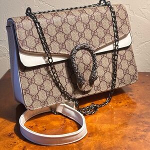 INSPIRED BY GG Dionysus Shoulder Bag Tan & White with Silver Chain & Dragon